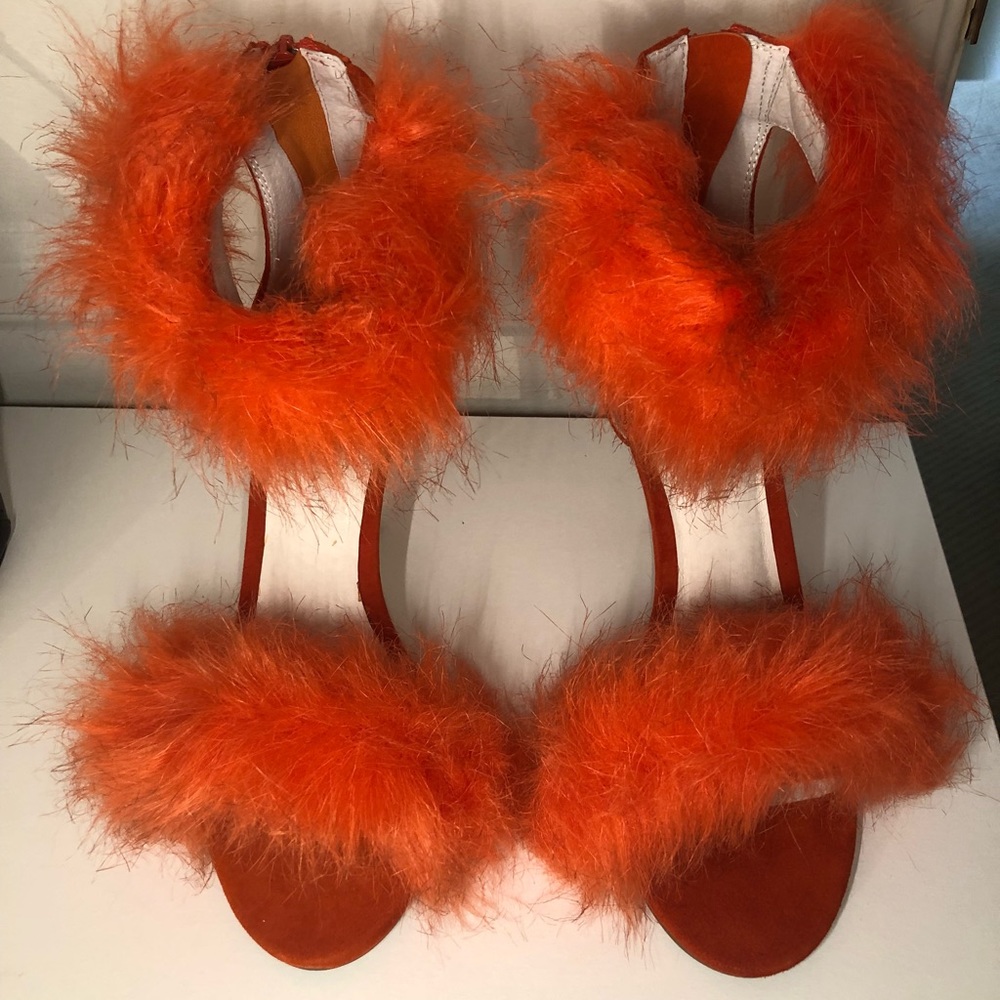Orange suede Jeffrey Campbell heels with faux fur